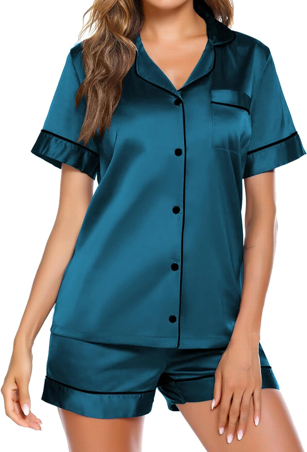 Satin Pajamas for Women Button down Sleepwear Soft Silk Loungewear Short Sleeve Top and Shorts Pjs S-XXL